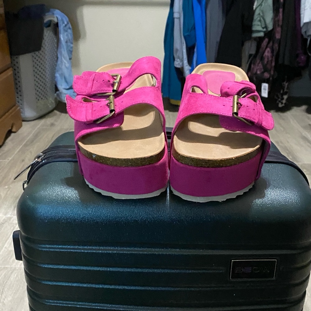 Bold Hot Pink Platform Slide Sandals with Double Buckles - Picture 5 of 5
